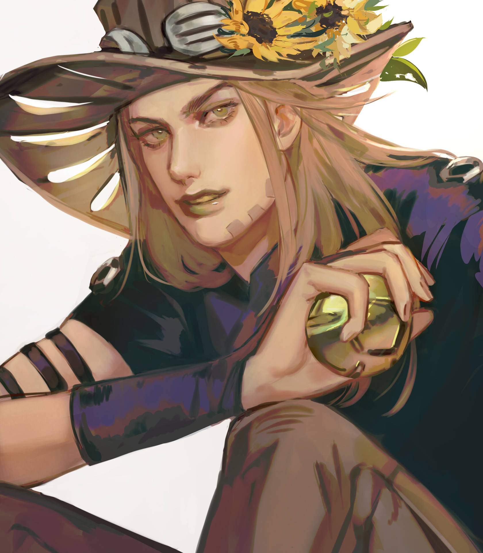 Fan art of Gyro Zeppeli from JoJo's Bizarre Adventure, wearing a wide-brimmed hat adorned with sunflowers and holding a steel ball
