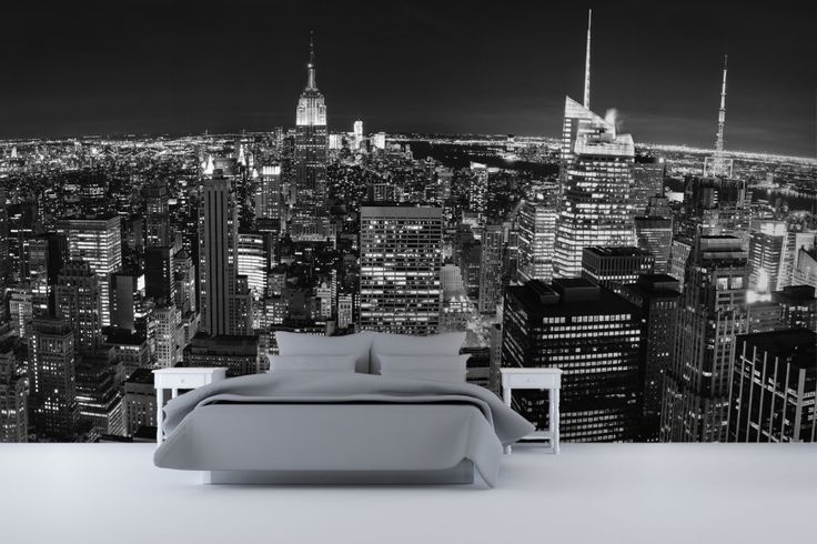Panoramic New York Wall Mural Ideas In Bedroom Design With White