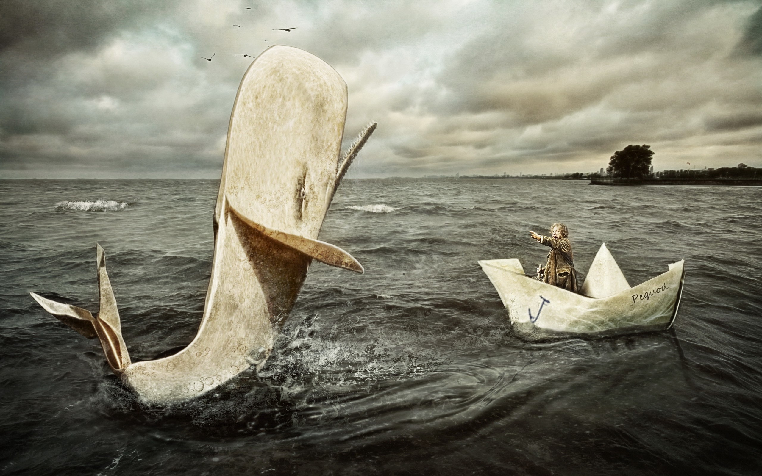 Moby Dick Digital Art Artwork Boat Men Sea Finger Point HD