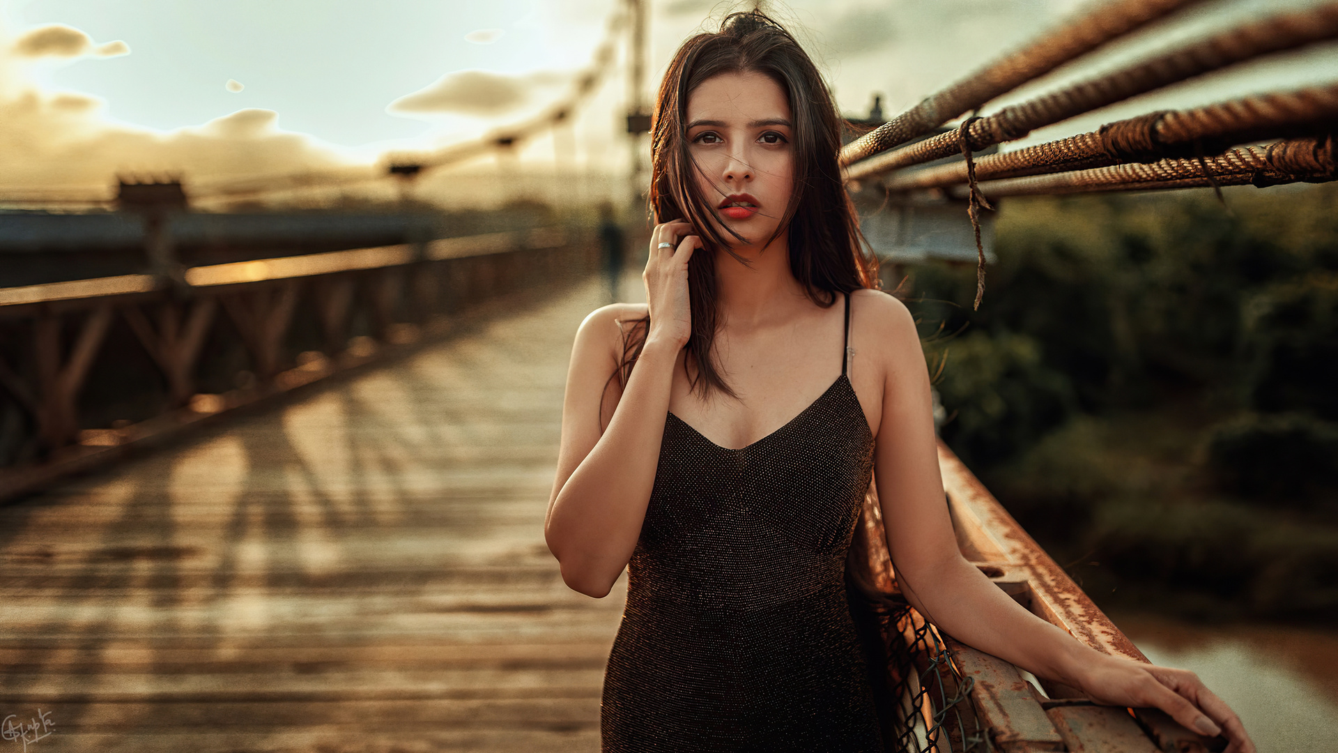 Girl Black Dress Hairs In Face 4k Laptop Full HD 1080p Wallpaper