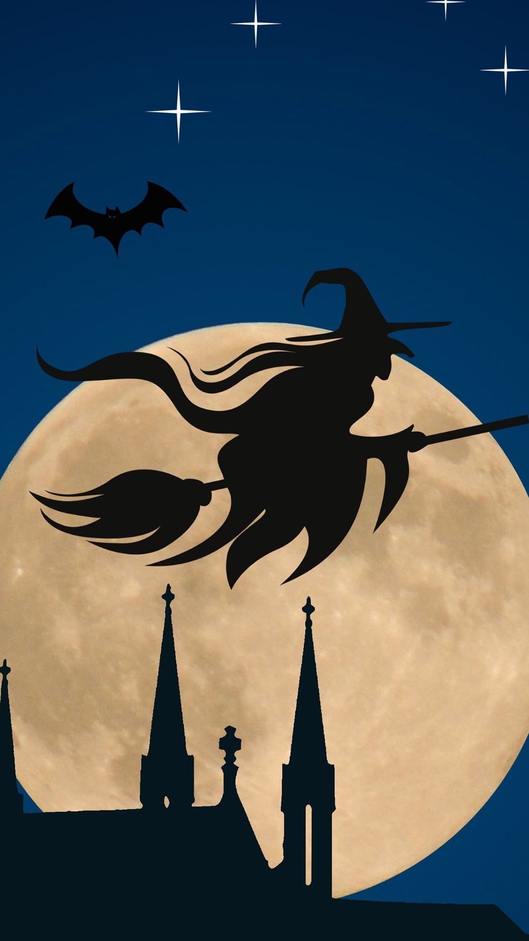 Halloween Witch Flying Broom Over Moon iPhone Wallpaper
