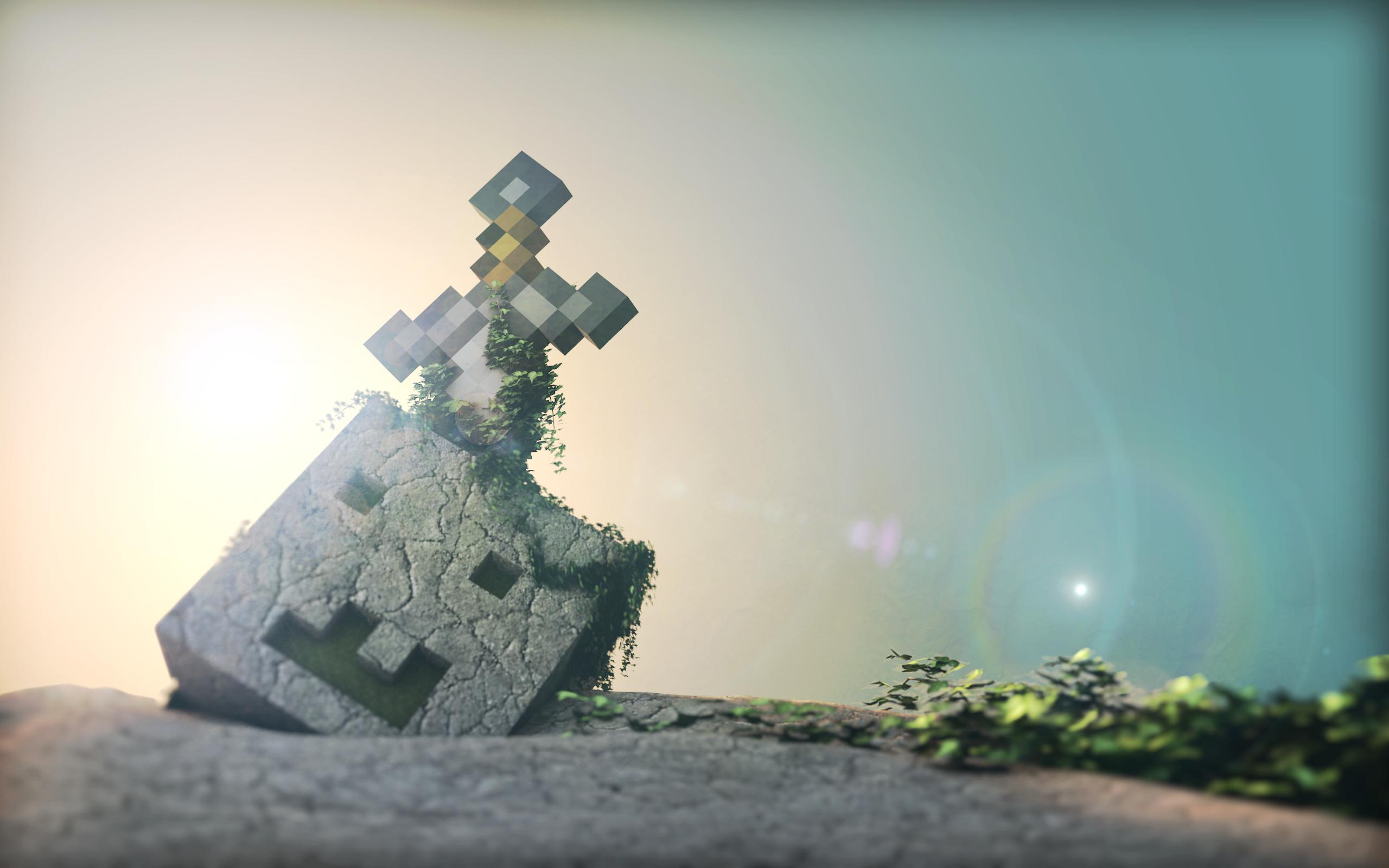 A pixelated Minecraft sword stuck in a weathered stone block with a creeper face, vines growing around it against a sunset backdrop