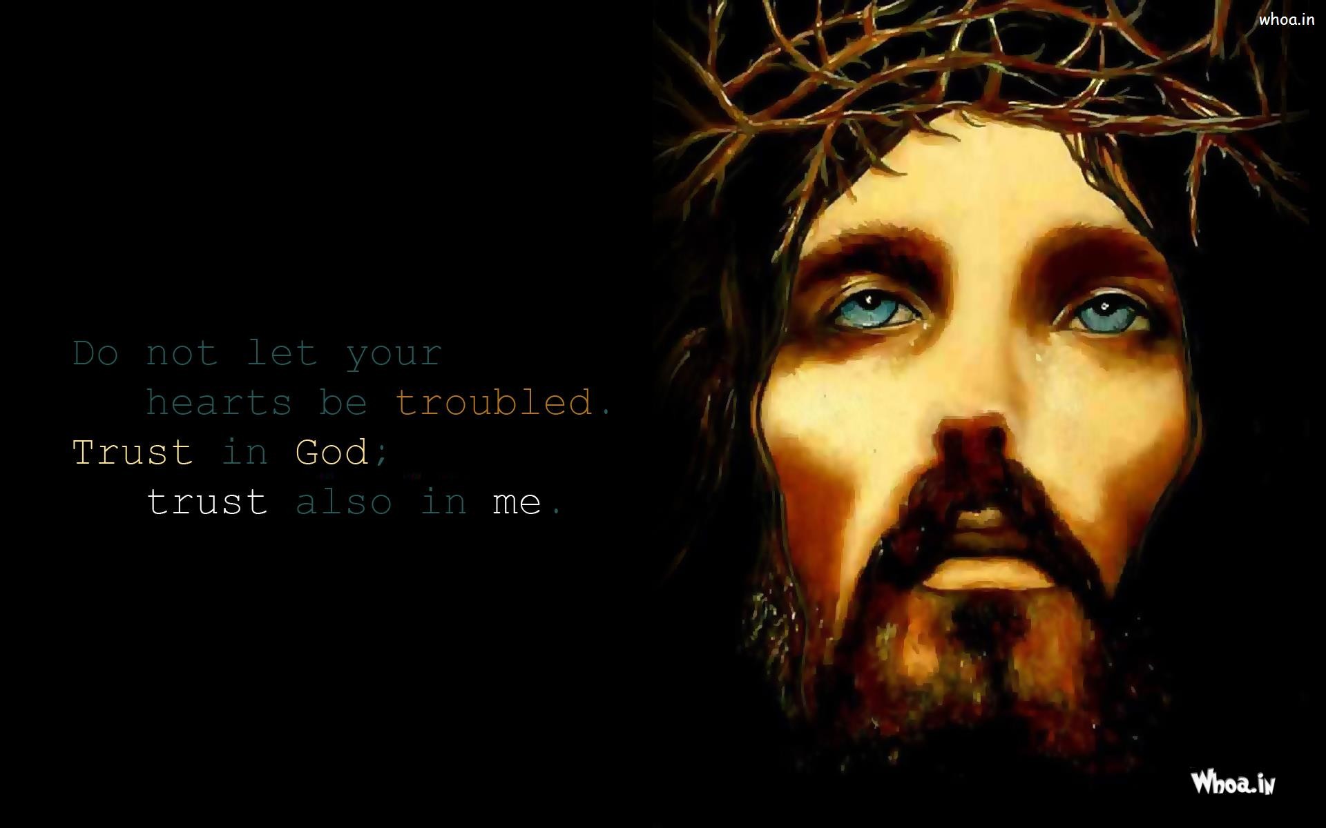 A portrait of Jesus Christ wearing a crown of thorns, with a comforting quote: 