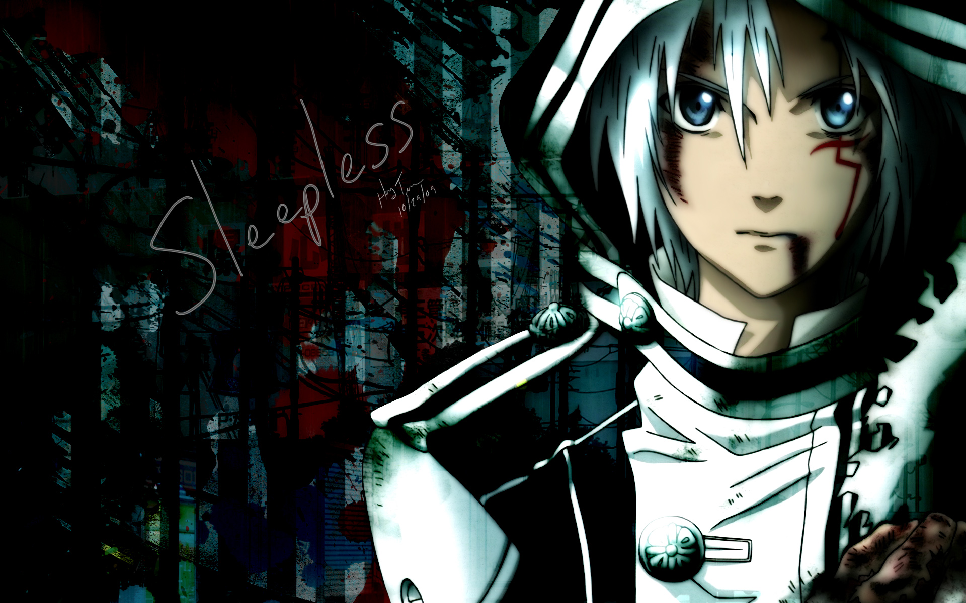 A striking anime-style image of a hooded character with white hair, blue eyes, and facial markings, set against a dark, textured background. The word 