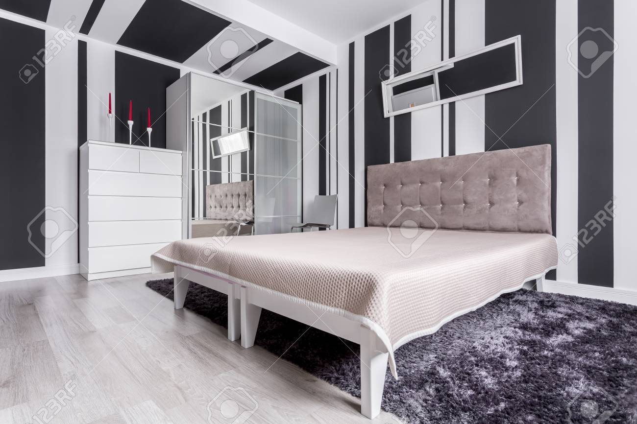 Black And White Bedroom With Mirror Wardrobe Striped Wallpaper