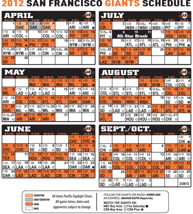 Printable 2014 Sf Giants Baseball Schedule Auto Design Tech