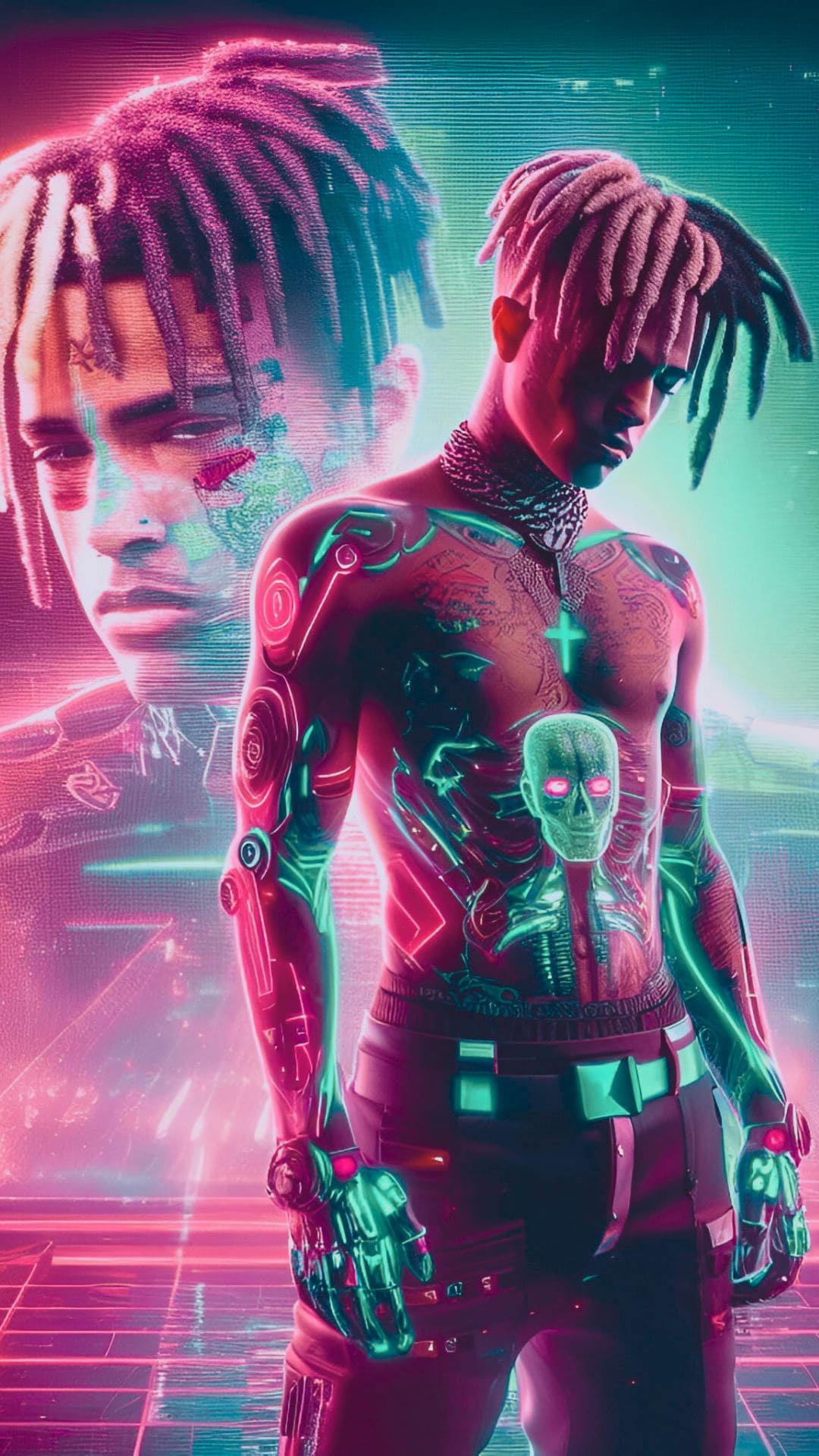 A stylized digital artwork of XXXTentacion with futuristic elements, glowing neon accents, and intricate body art, ideal for XXXTentacion fans looking for 4K PC wallpapers
