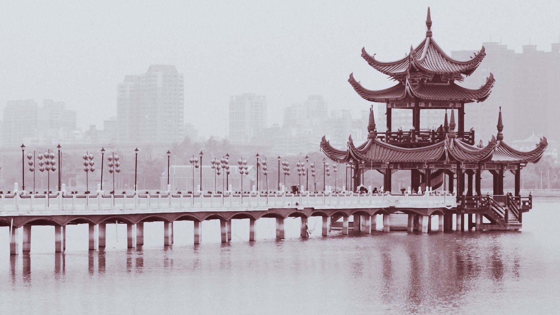 chinese monochrome 1920x1080 wallpaper Design bridges buildings black 1920x1080