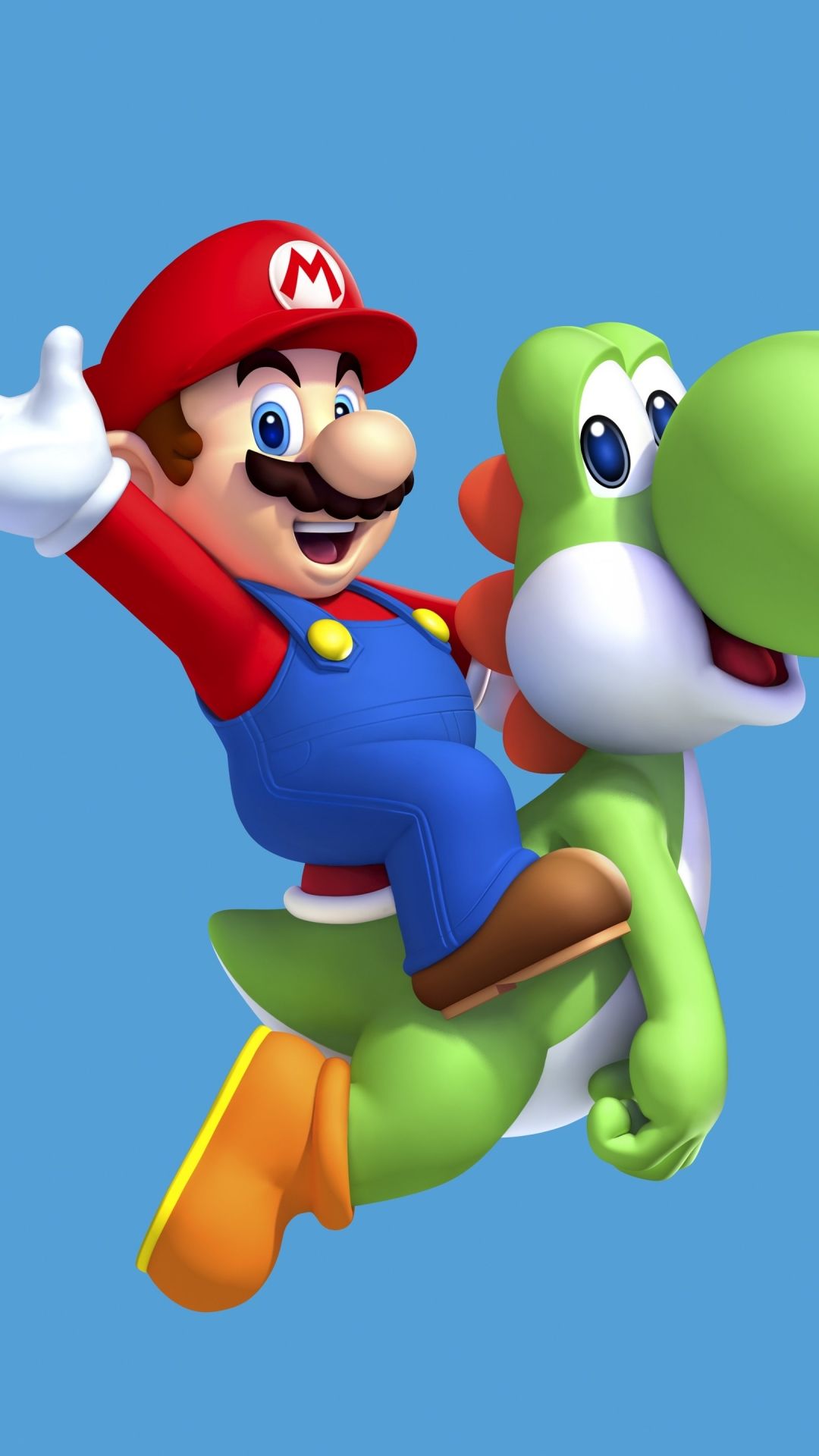 Super Mario riding Yoshi against a blue background