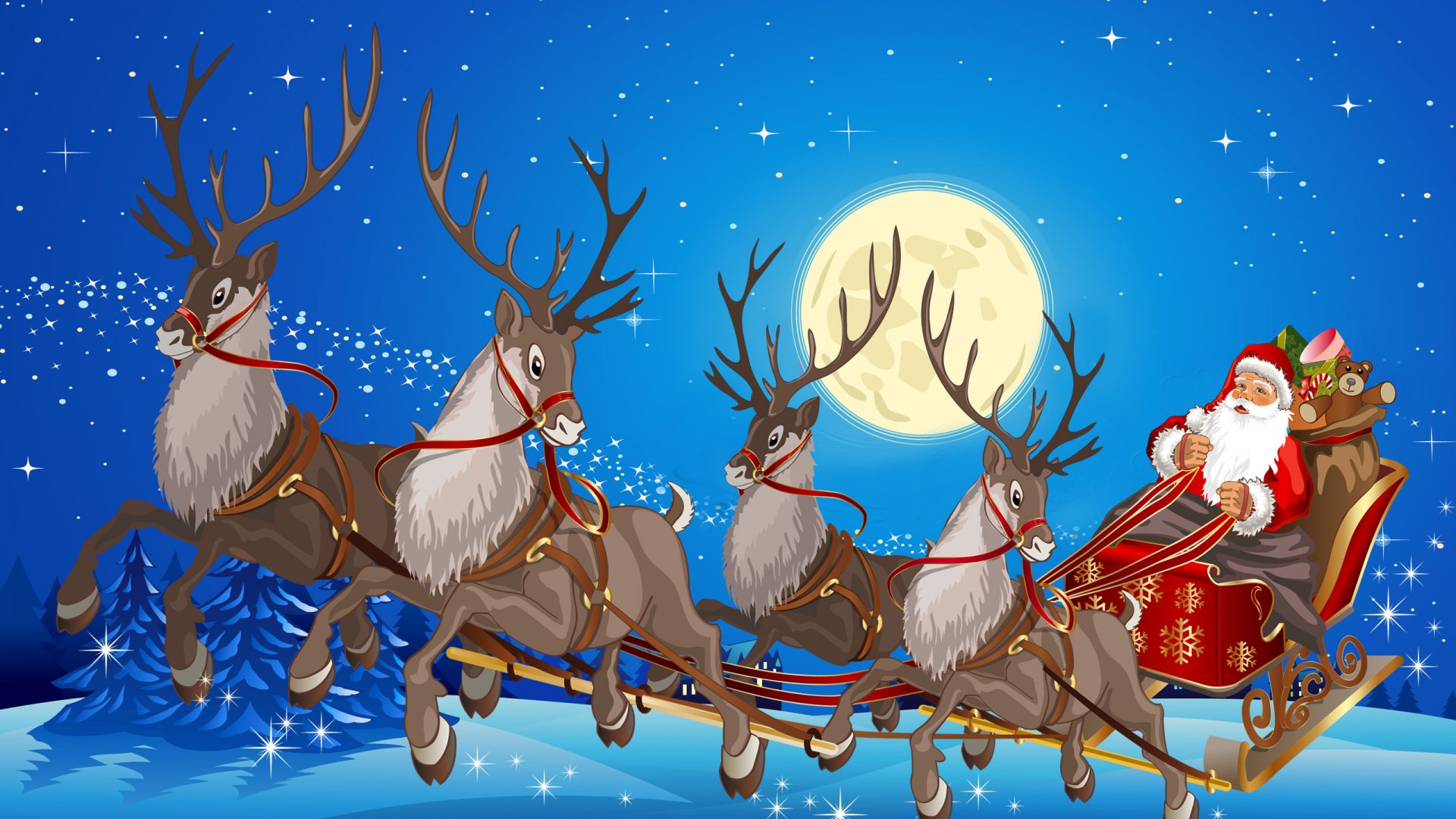Santa Claus Sleigh With Reindeer Gifts Full Moon Desktop Wallpaper
