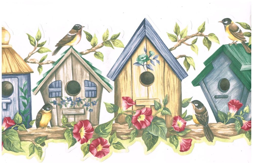 Die Cut Country Birdhouses Sitting On Tree Branch Wallpaper Border