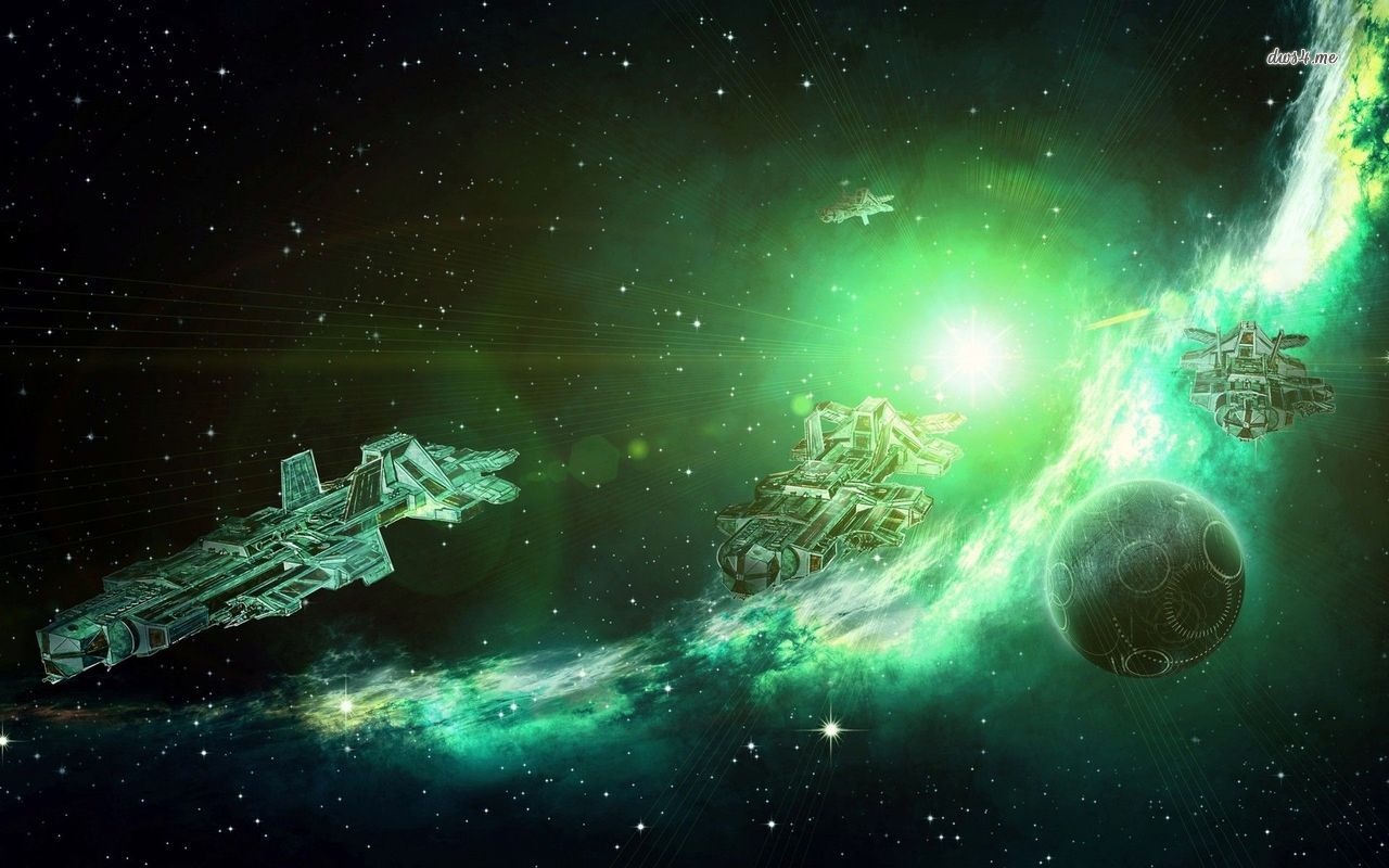 Spaceship in the green cosmos wallpaper   Fantasy wallpapers   17958