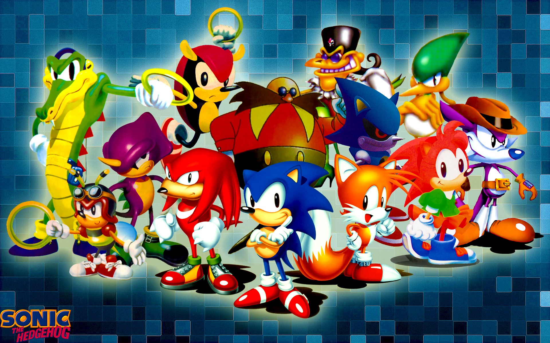 A vibrant group portrait featuring classic Sonic the Hedgehog characters against a pixelated blue backdrop