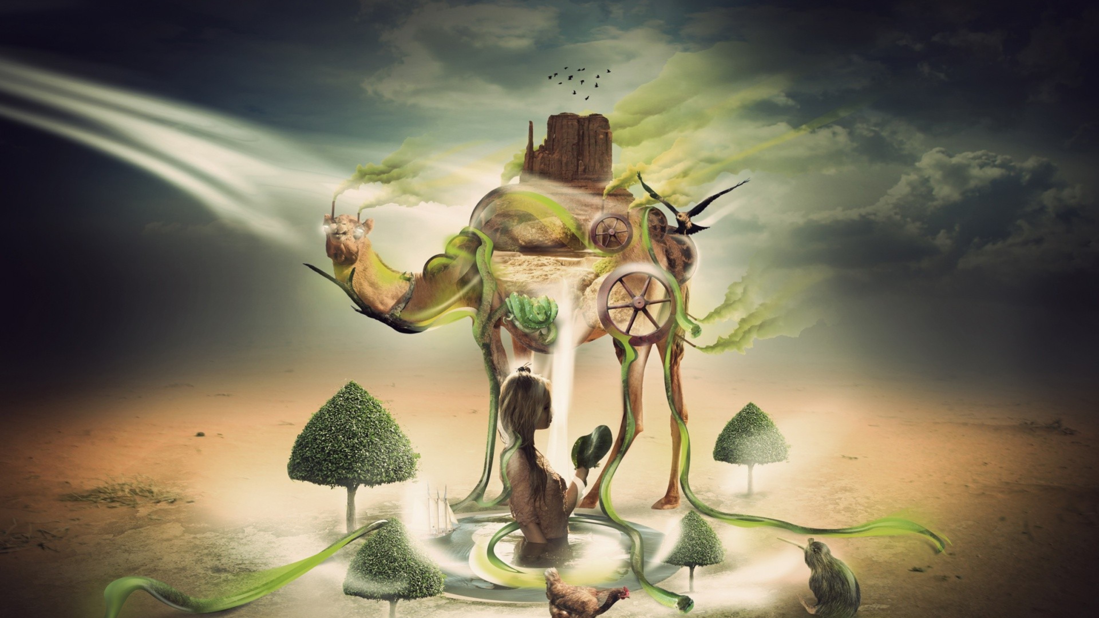 Surreal 4k Wallpaper: A camel-shaped ecosystem in a desert, featuring a woman, trees, birds, and a kiwi
