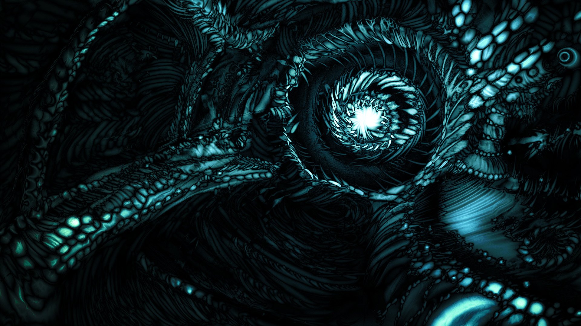 Abstract teal and black swirling vortex digital art, perfect for a cool PC wallpaper