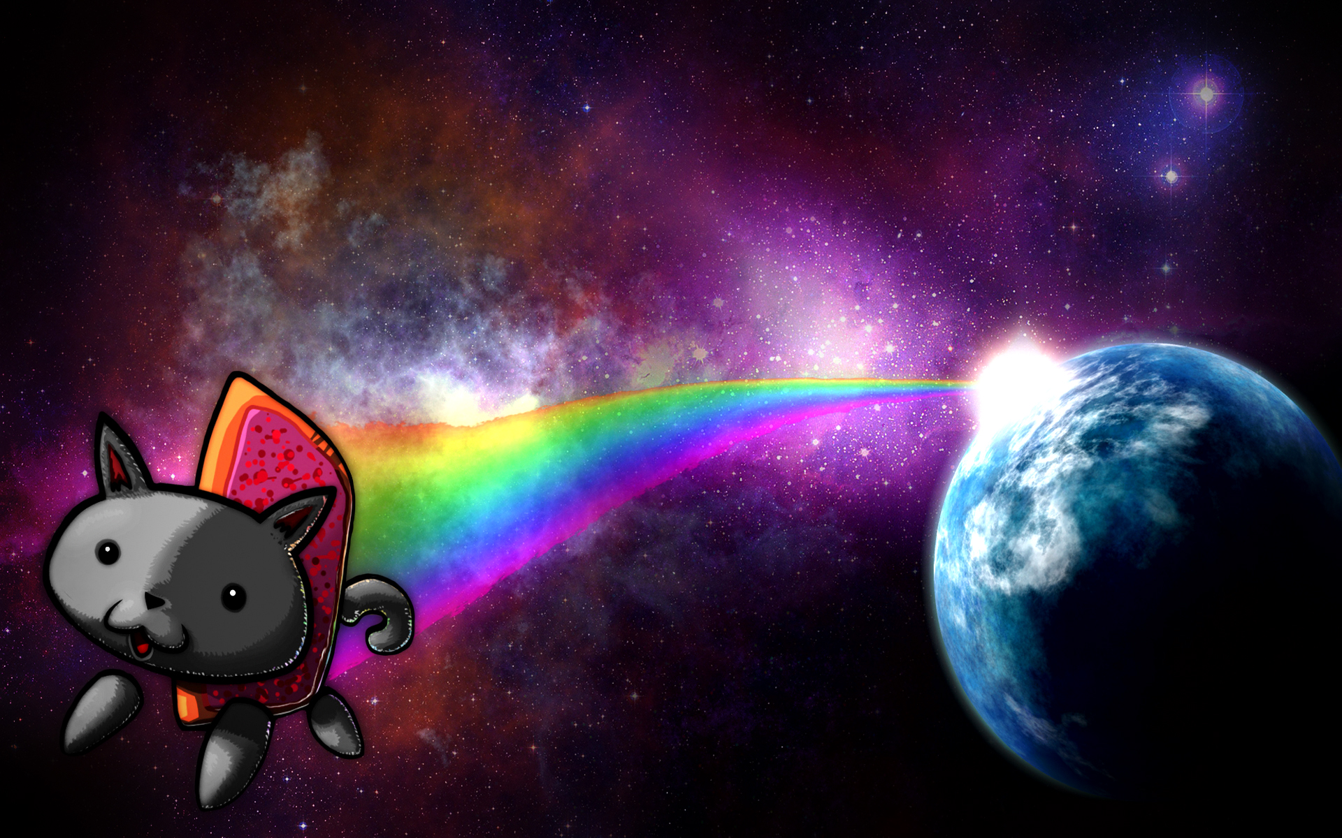 Outer Space Earth Rainbows Nyan Cat Wallpaper