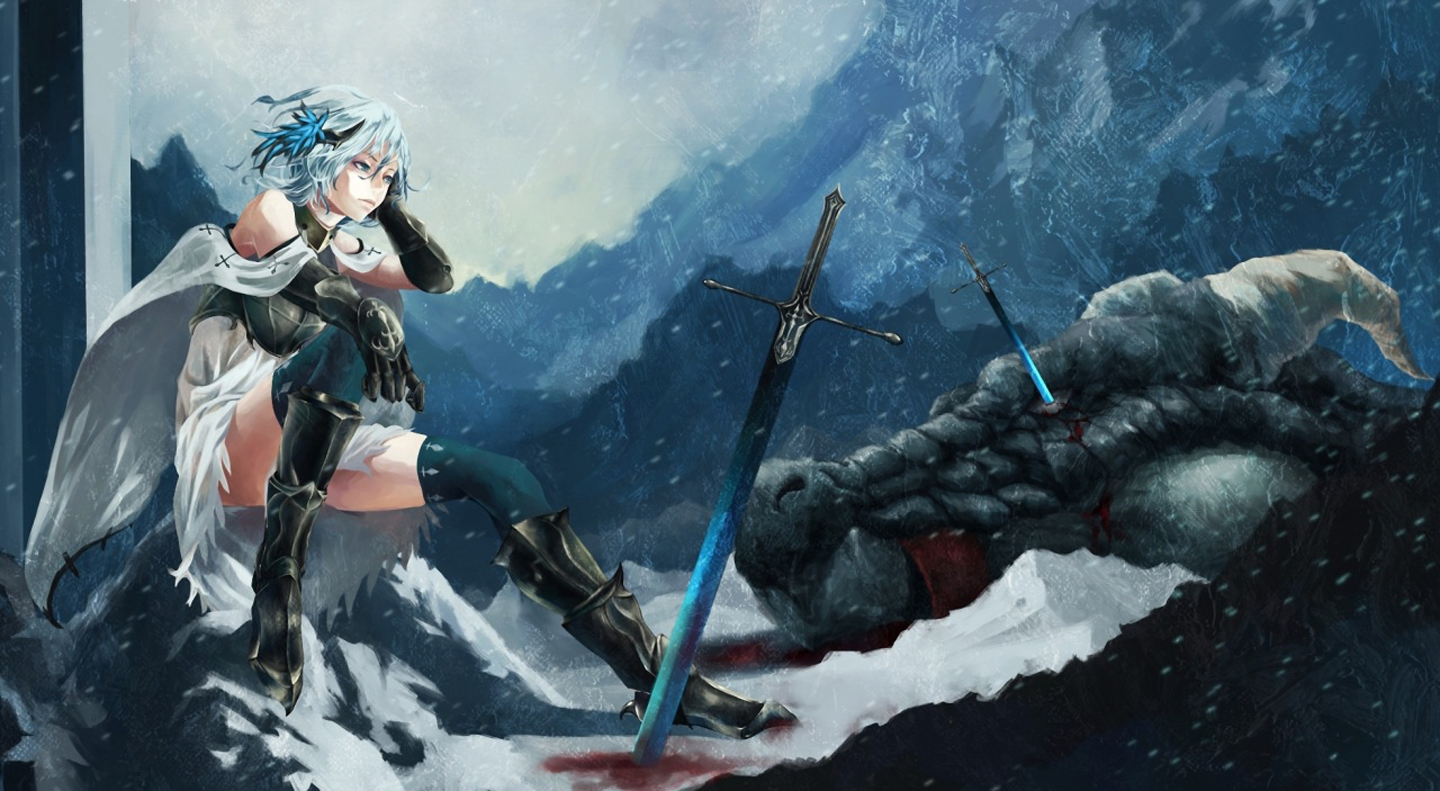 Girl Warrior Defeat Dragon Sword Fantasy HD Wallpaper Background