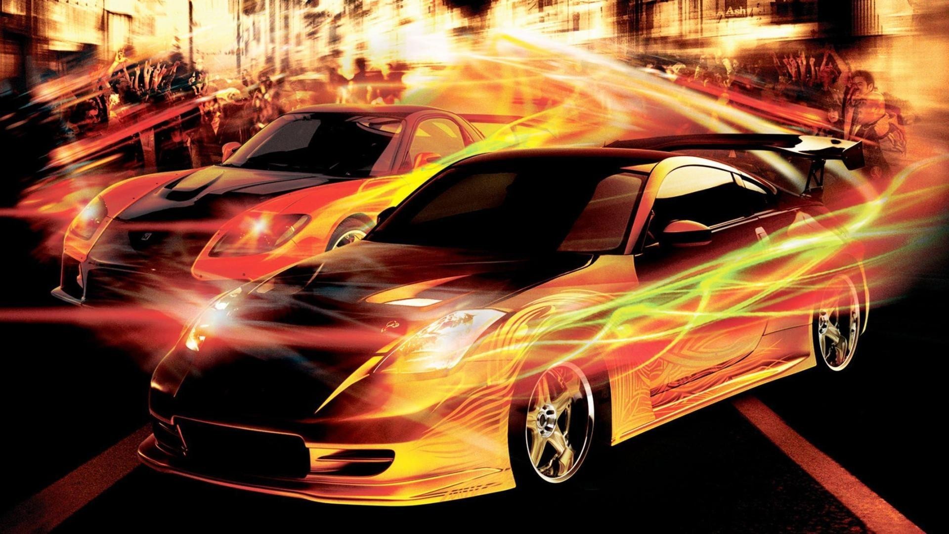 Two modified sports cars racing in a street race scene from The Fast and the Furious movie