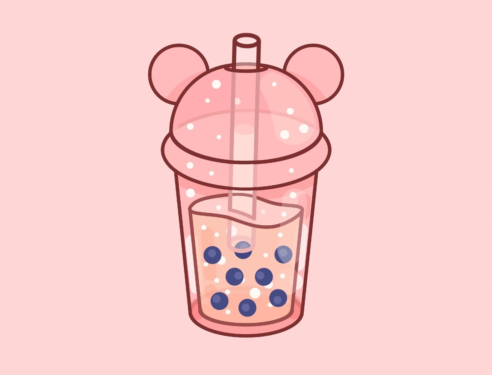 A cute, preppy boba tea illustration with a pink lid and mouse ears, perfect for a preppy boba wallpaper