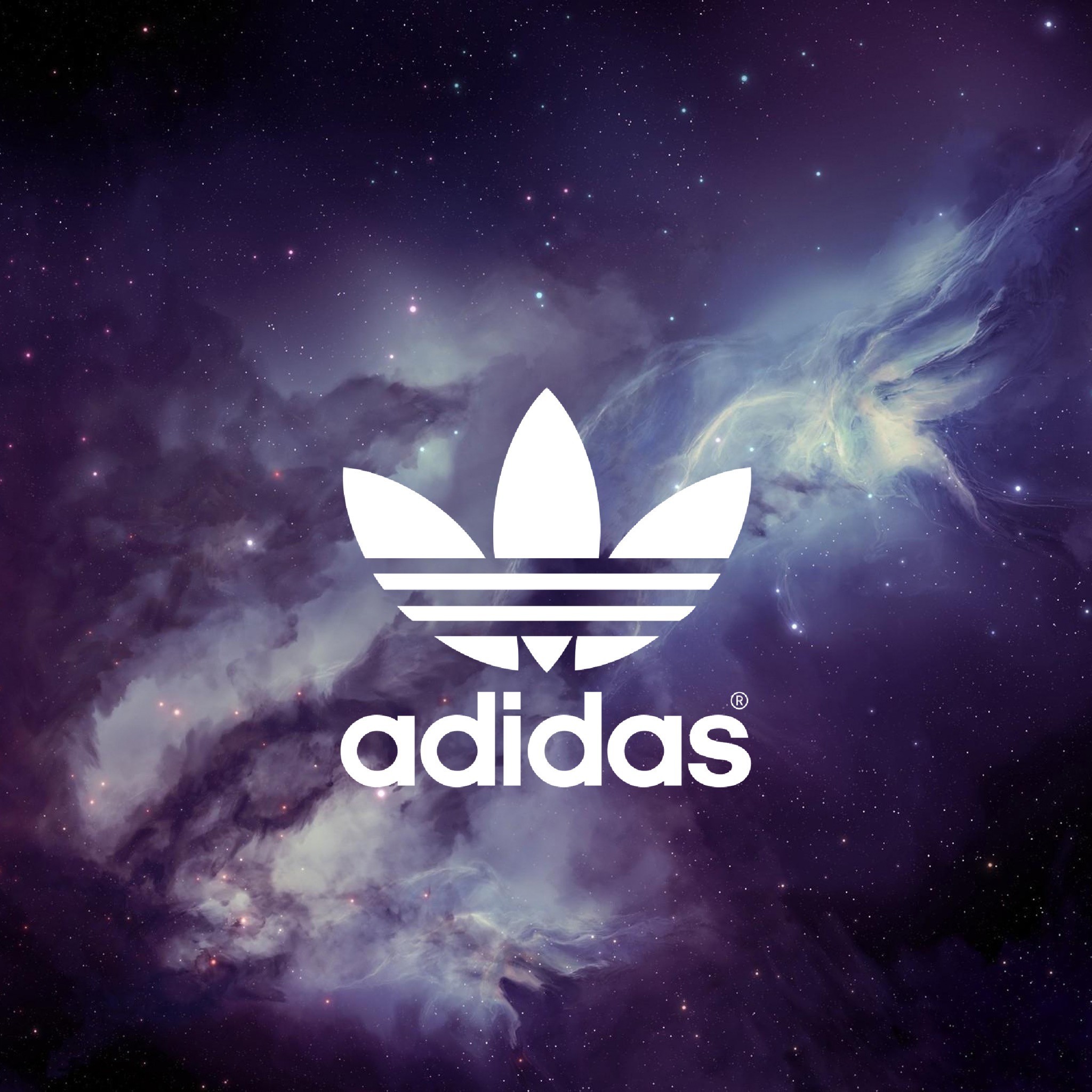 Adidas logo superimposed on a cosmic nebula background, wallpaper design