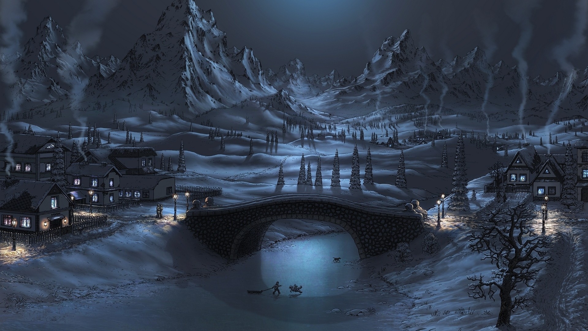 Night Winter Landscape Wallpaper Desktop
