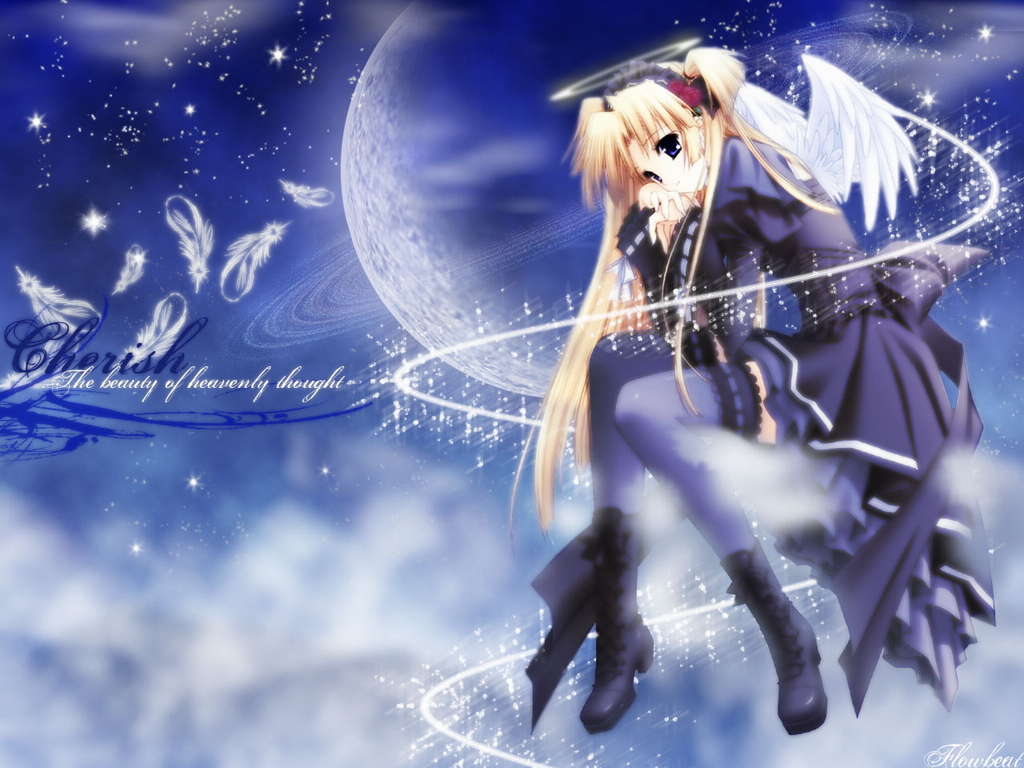 An anime girl with angel wings and a halo floats against a backdrop of a large moon, stars, and blue sky, with the words 'Cherish the beauty of heavenly thought.'