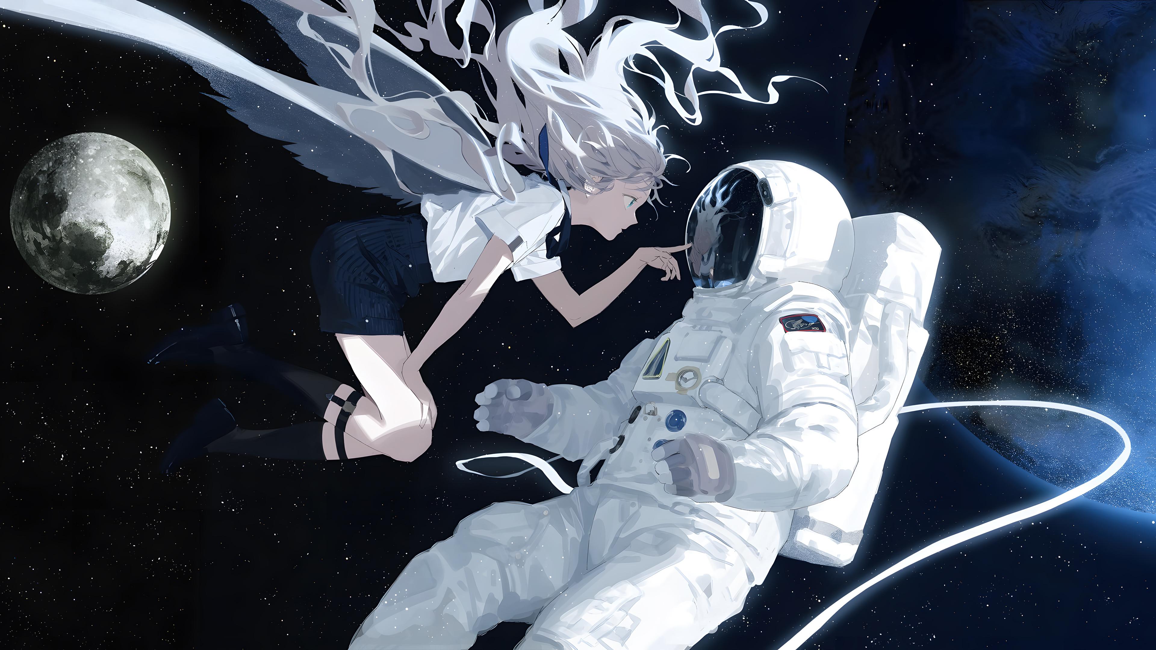 Anime Girl with Wings and Astronaut Wallpaper 4K 3040g