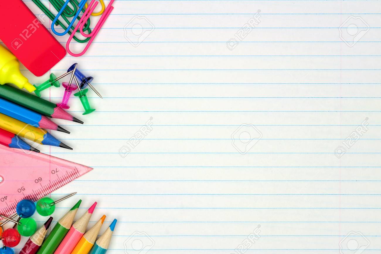 Colorful School Supplies Side Border Over A Lined Paper Background