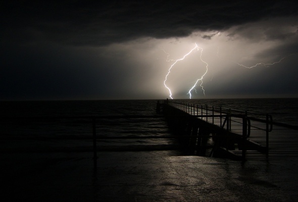 Wallpaper Night Sea Pier Lightning Thunderstorm