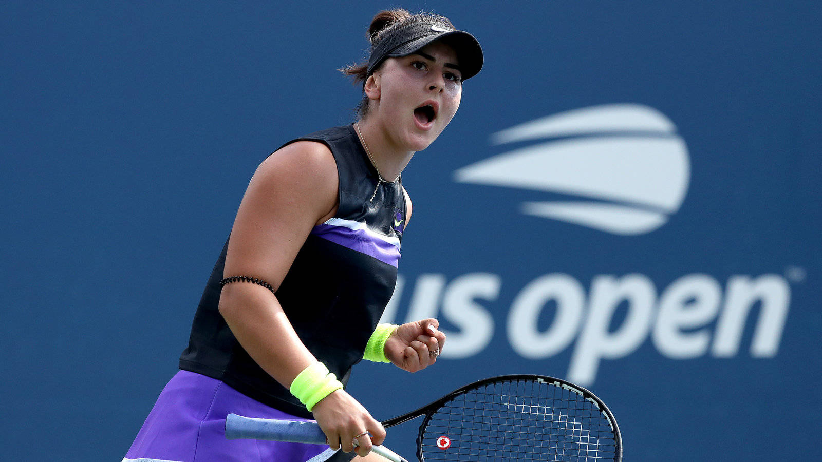 Professional Tennis Player Bianca Andreescu Celebrating A Victory At The Us Open Wallpaper