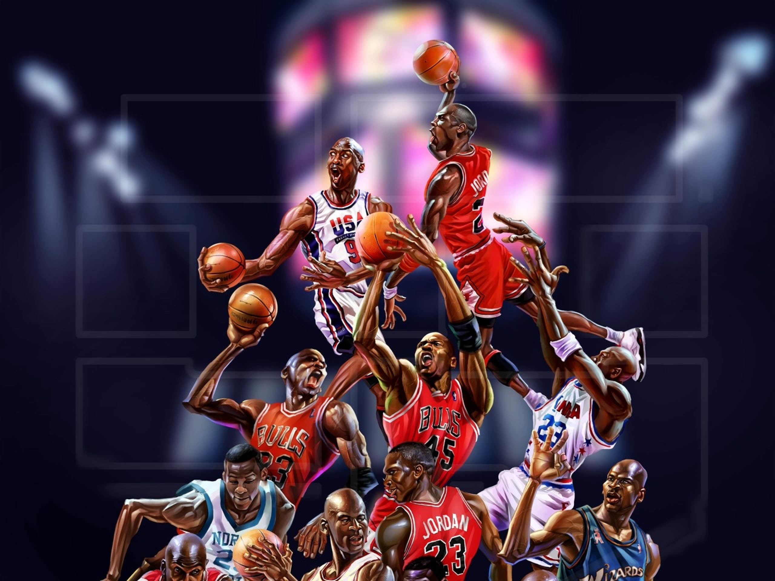 A collage of Michael Jordan in different poses and uniforms throughout his basketball career, showcasing his iconic number 23, 45, and 9 jerseys. Perfect for any Michael Jordan fan