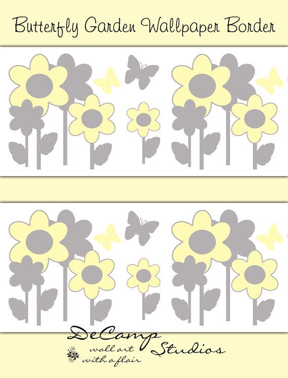 Yellow and Grey Butterfly Flower Garden wallpaper border wall art 570x747