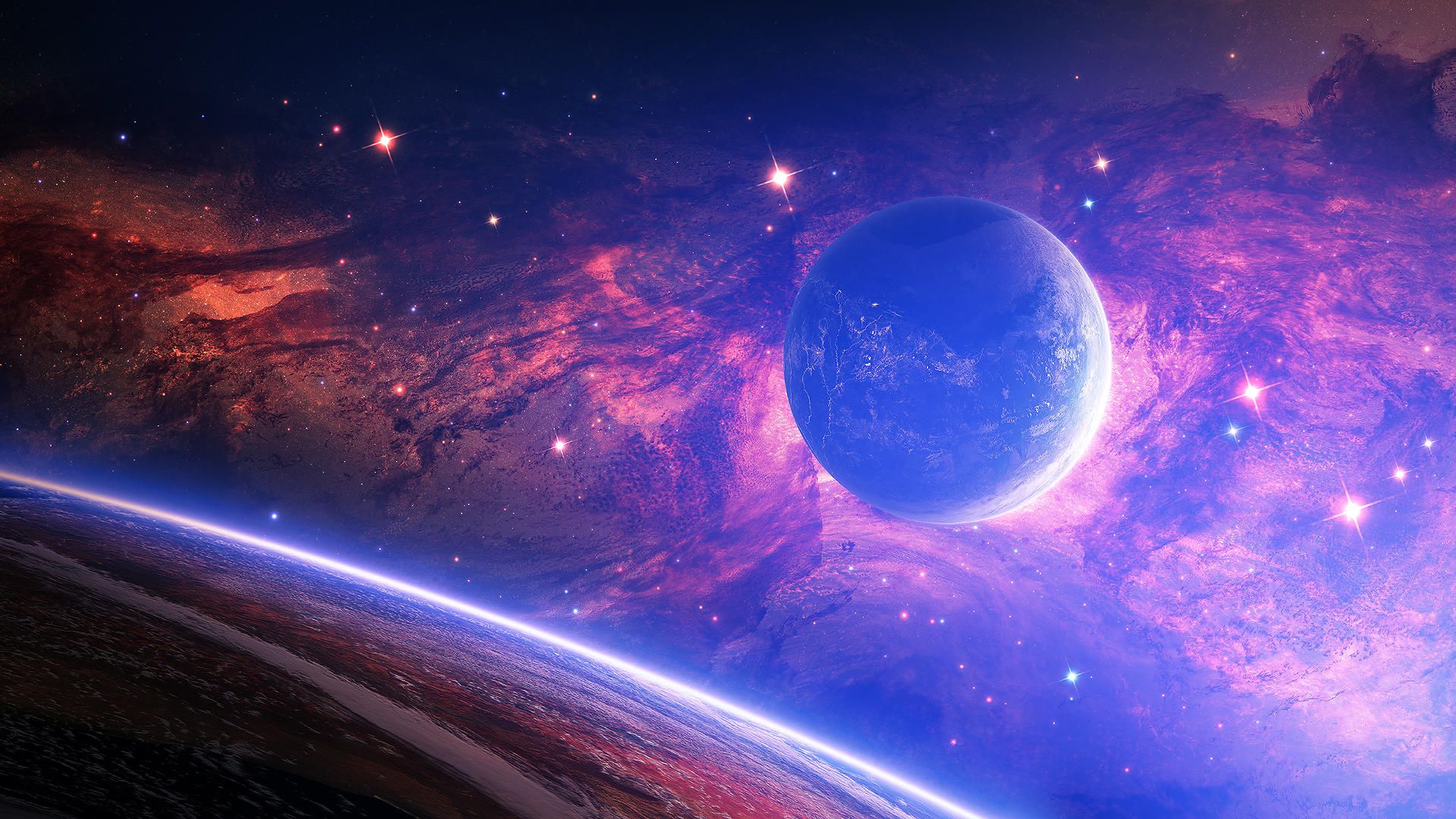 A breathtaking view of outer space with a vibrant nebula, a detailed Earth-like planet, and numerous stars