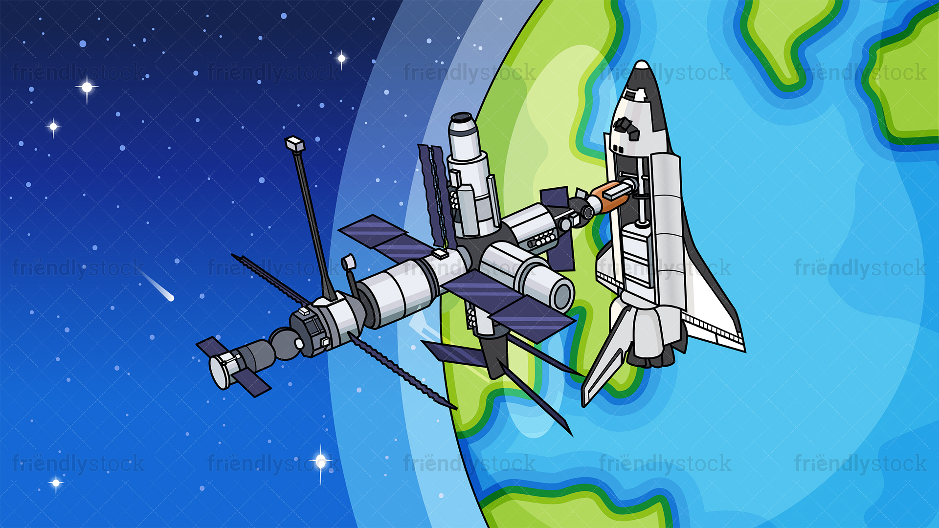 Space Shuttle Docking At Iss Background Cartoon Clipart Vector