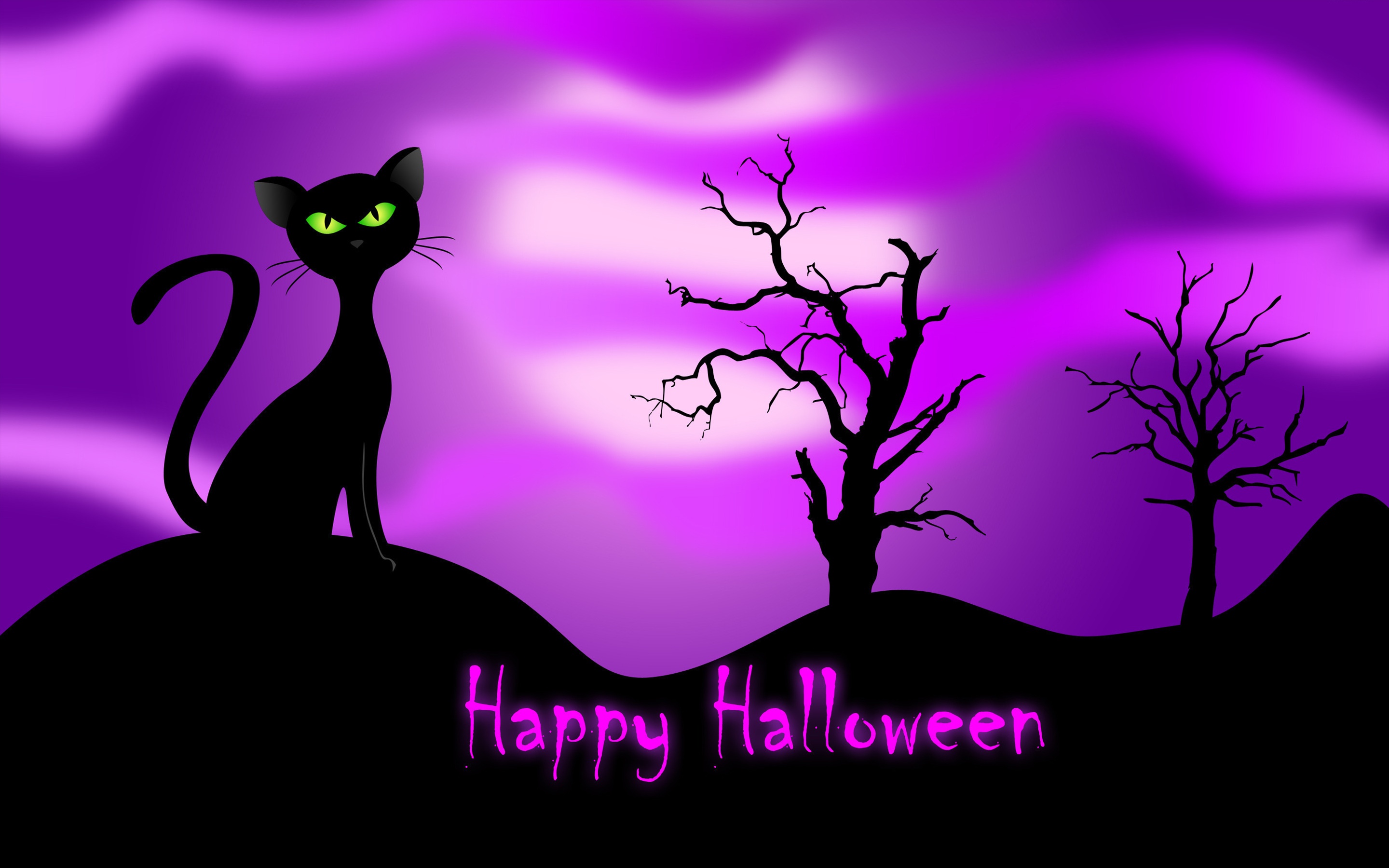 Happy Halloween Trees Black Cat Fall Purple HD Wallpaper