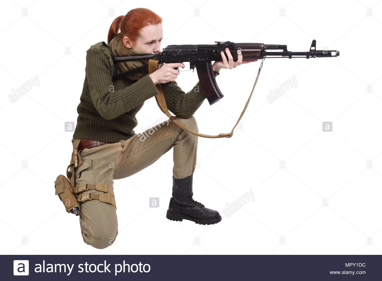 girl mercenary with ak 47 rifle with kalashnikov rifle isolated on