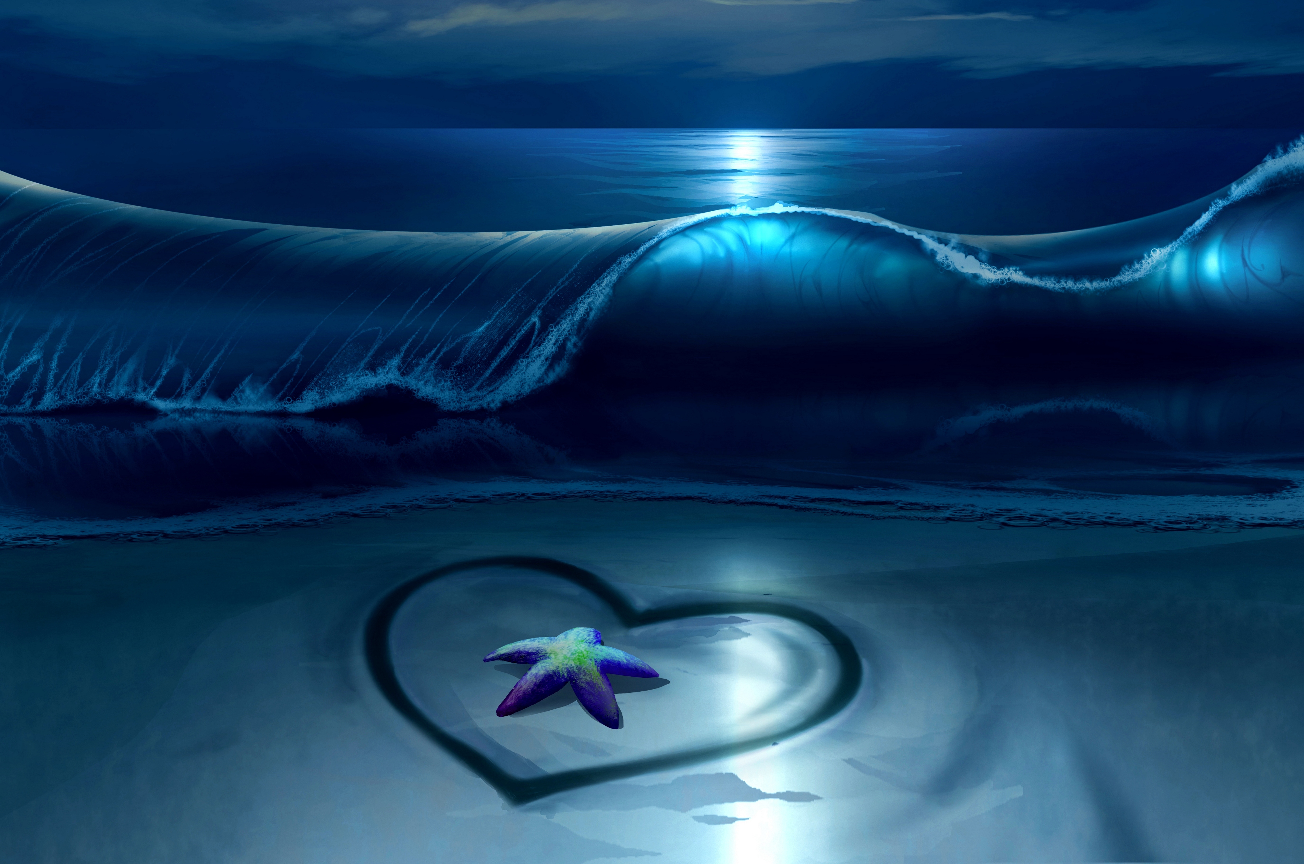 Wallpaper Night Beach Sea Waves Heart Starfish