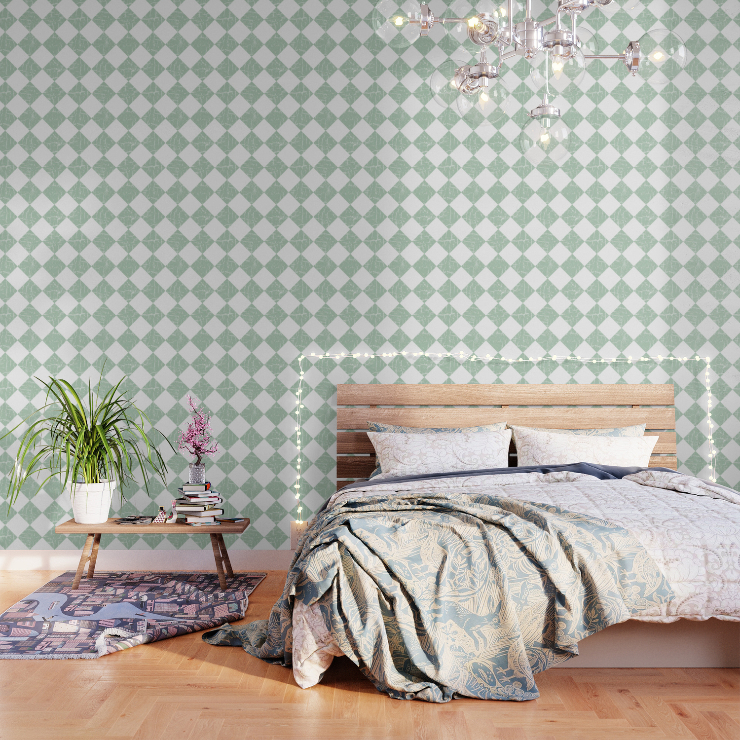 Rustic Farmhouse Checkers In Sage Green And White Wallpaper By