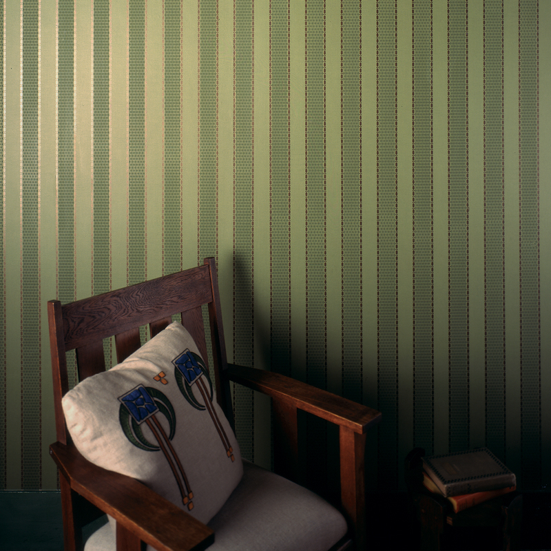 Arts Crafts Style Striped Wallpaper Springfield in Forest Green