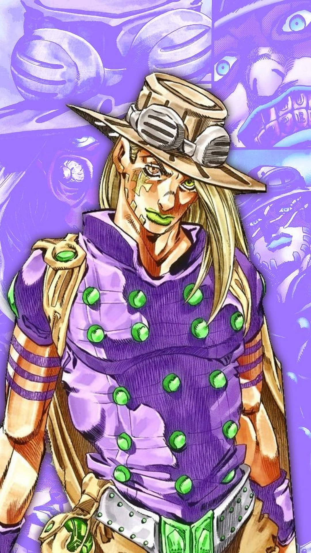 Gyro Zeppeli from JoJo's Bizarre Adventure: Steel Ball Run, striking a pose in a purple and green outfit, suitable for a phone wallpaper