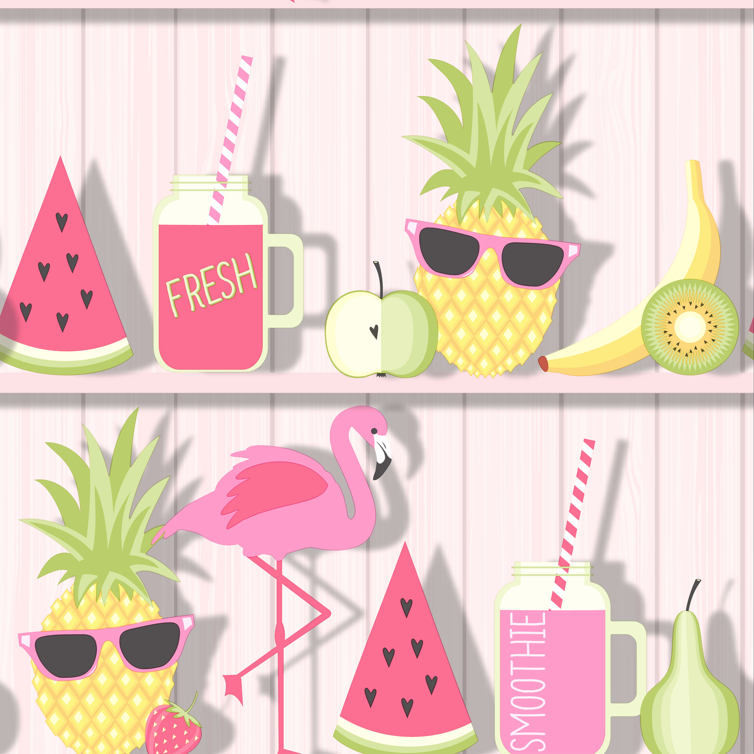 Tropical Shelves Wallpaper Flamingo Watermelon Cocktails Wood
