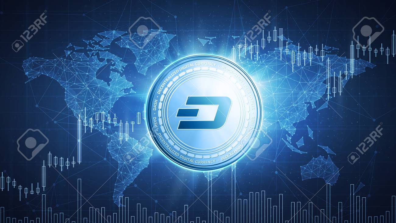 Dash Coin On Hud Background With Bull Trading Stock Chart And