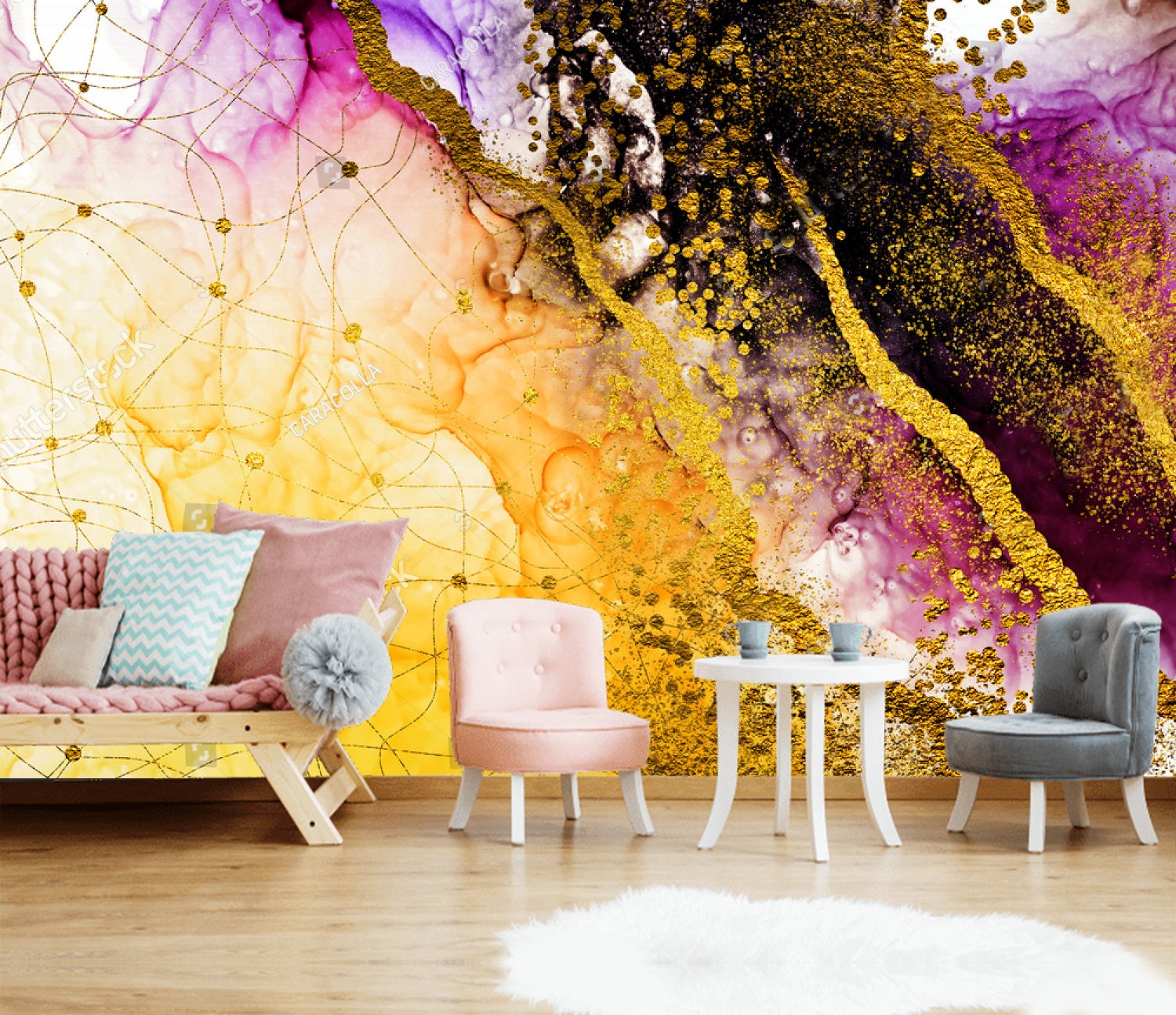 Watercolor Gold and Purple Abstract Wallpaper Wall Sticker 3D Etsy