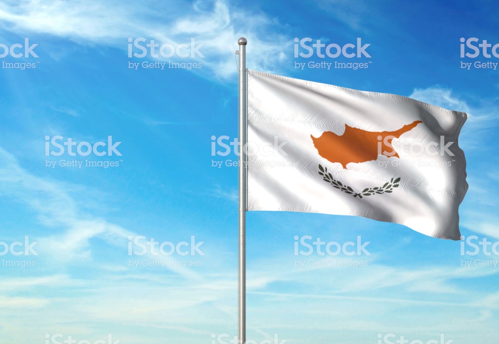 Cyprus Flag Waving Cloudy Sky Background Realistic Stock Photo