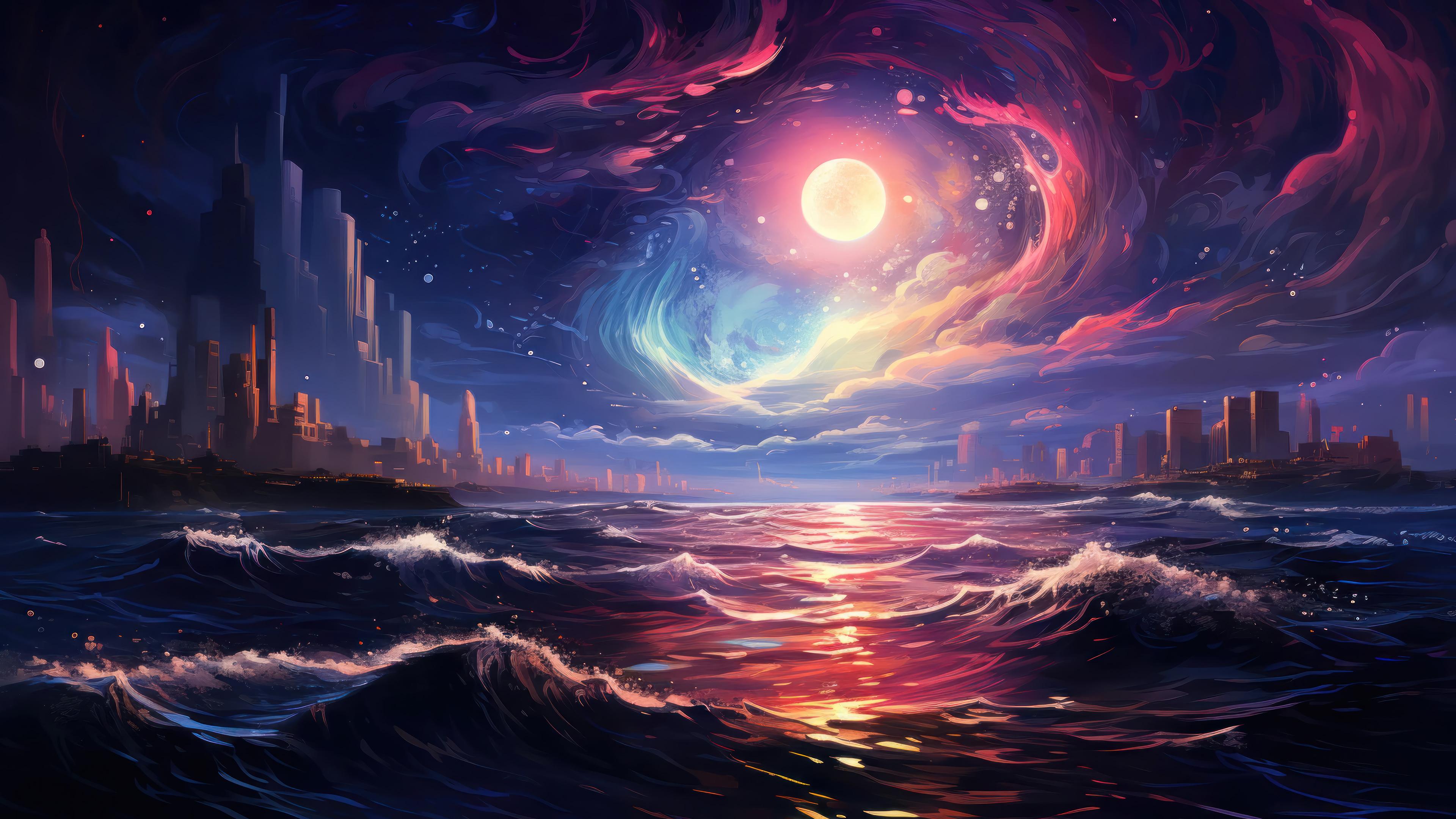 City Moon Ocean Art 4k Wallpaper iPhone HD Phone 8711m
