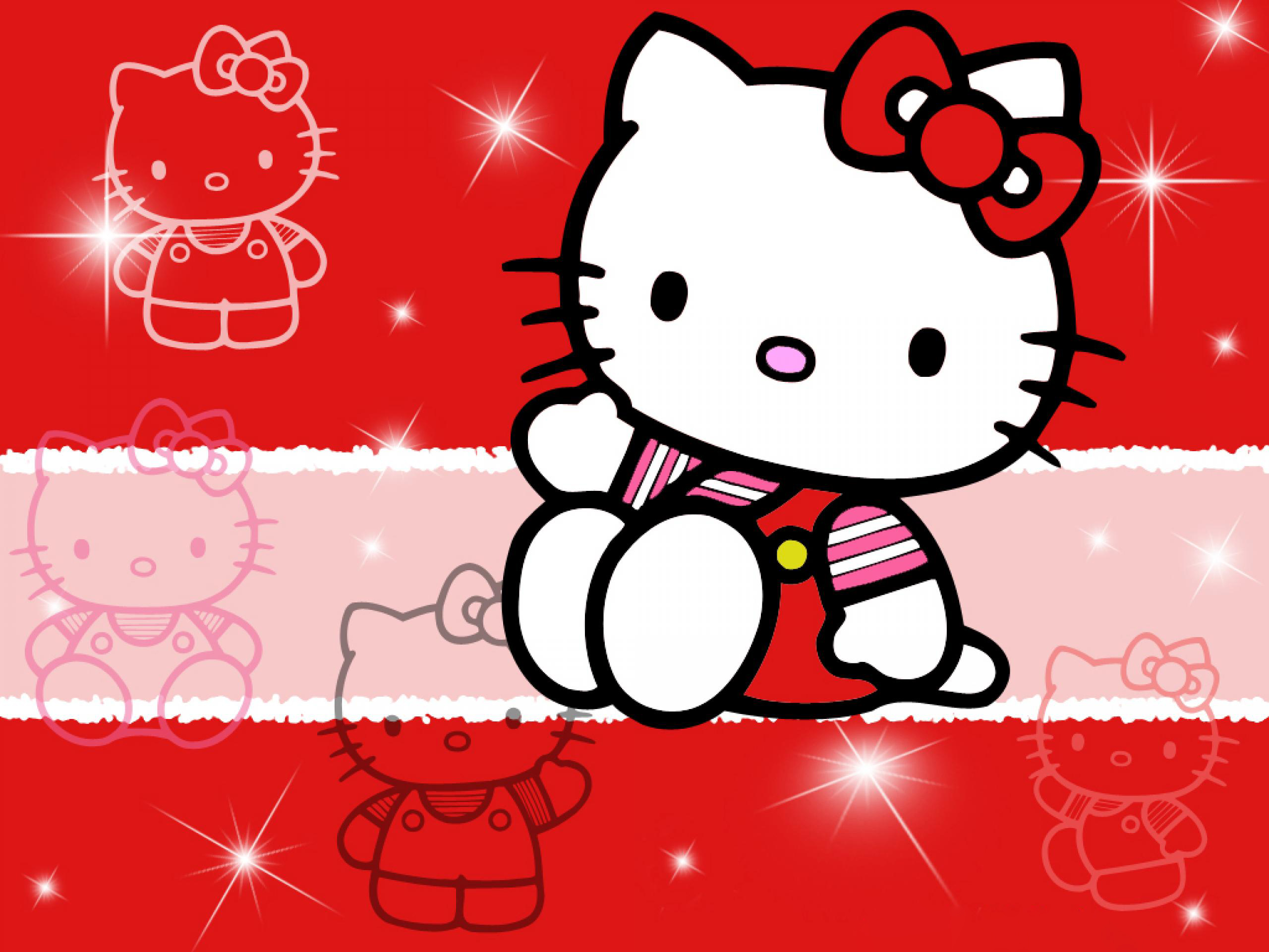 A cheerful Hello Kitty wallpaper with the iconic character wearing a red dress and a striped scarf, surrounded by smaller Hello Kitty figures and sparkling stars on a red and pink background