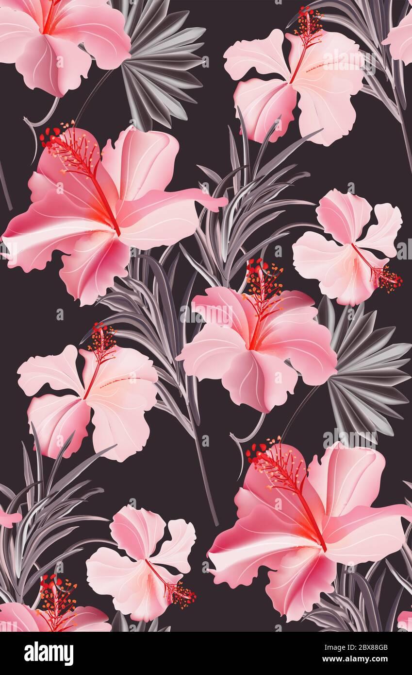 Dark pink hibiscus tropical floral pattern wallpaper Colorful