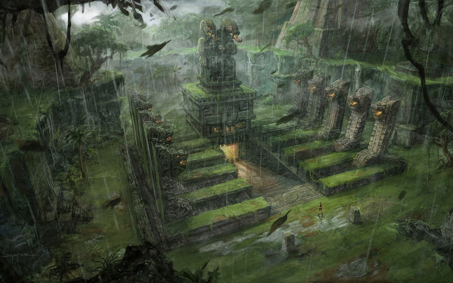 Aztec Mayan Architecture Rain Drops Buildings Wallpaper Background