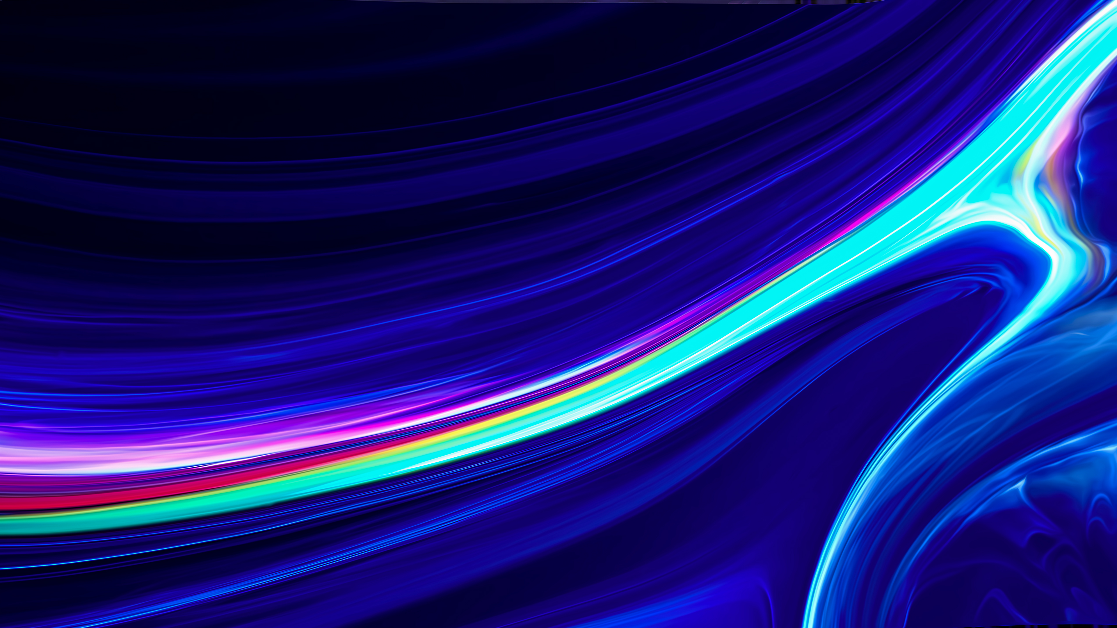 Abstract 4k wallpaper with swirling blue and a streak of rainbow light