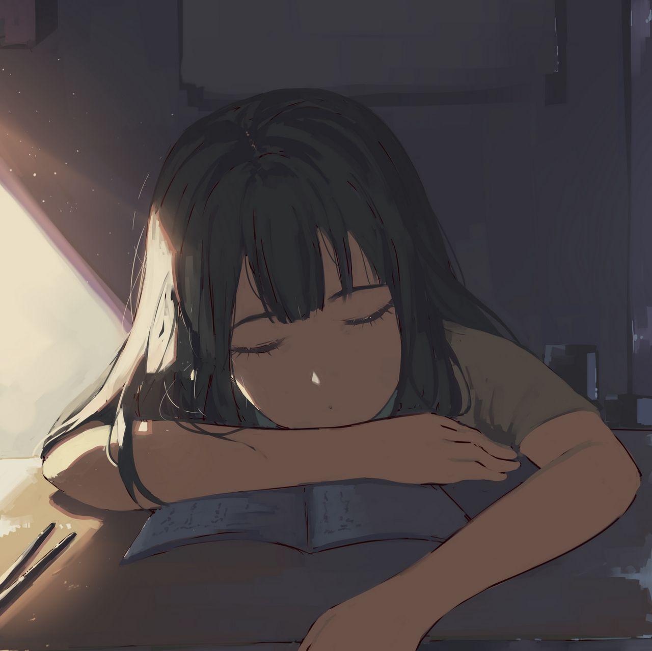 Wallpaper Girl Sleep Study Anime iPad